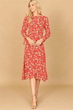 Orange taupe tie cuff Floral Midi Dress