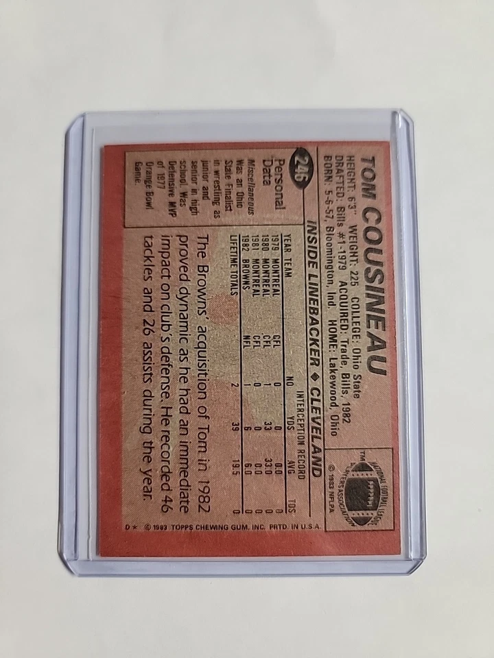 Vintage 1983 TOPPS Football Trading Card #246 TOM COUSINEAU Cleveland Browns - Image 2 of 2
