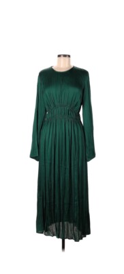 M&S Collection Green Satin Patternless Long Sleeve Dress Size 10 New