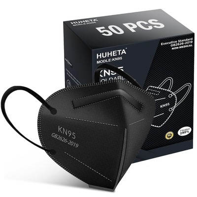 HUHETA 50 Packs KN95 Face Mask 5-Layer Face Mask Filter Efficiency 95% Black