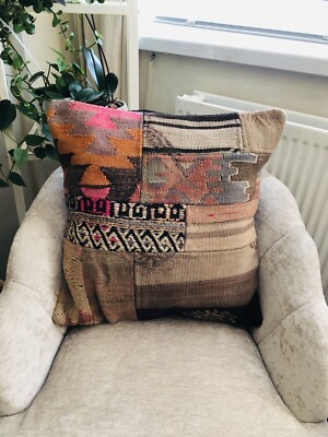Türkischer Kelim Kissenbezug Patchwork 50 x 50 cm 100% Wolle Handgewebt Quadratisch Neu