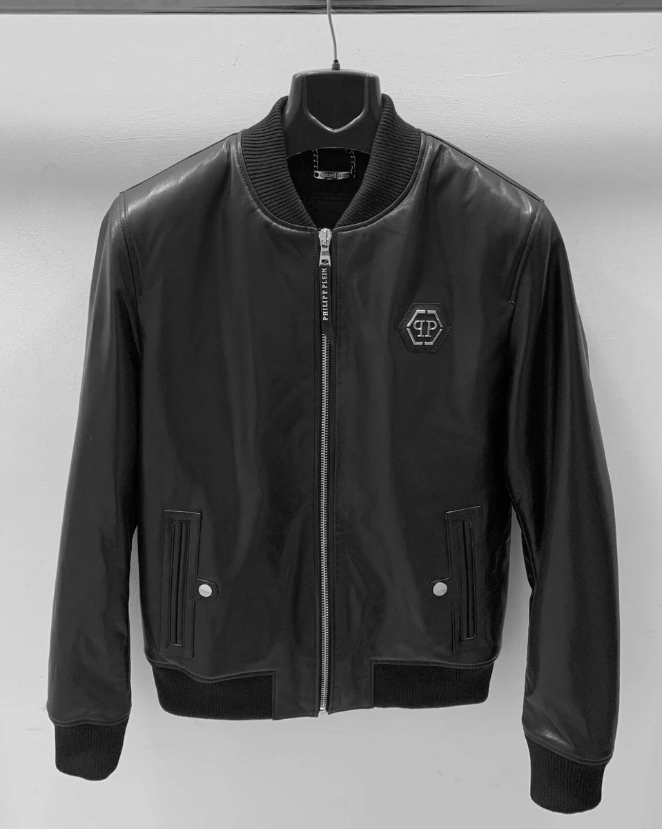 Philipp Plein Men s Black Lambskin Genuine Leather Bomber Jacket