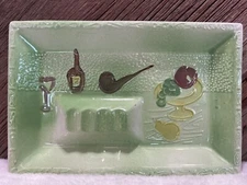 VTG MCM Ceramic Ashtray Cocktail Hour With Pipe Decanter Fruit Embossed 9x6