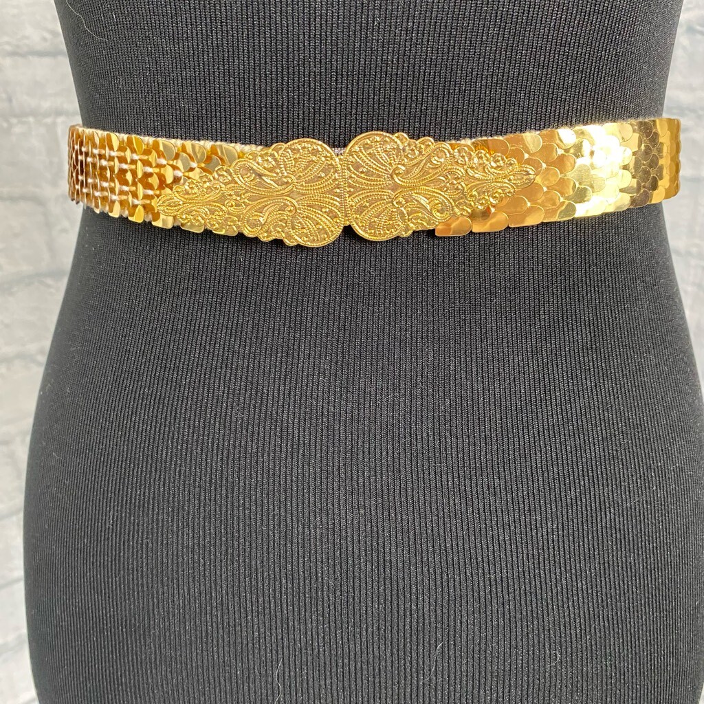 Gold scale belt w/decorative leaf buckle elastic stretch  display picture 1