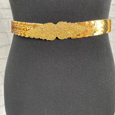 Gold scale belt w/decorative leaf buckle elastic stretch & clasp hook closure Vintage Gold Stretchy 80s Belt Fabric Clasp Belt Flower  main image 4