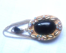 Vintage KJL Kenneth Jay Lane Faux Onyx Cabochon Festoon Pin W/AB Crystals