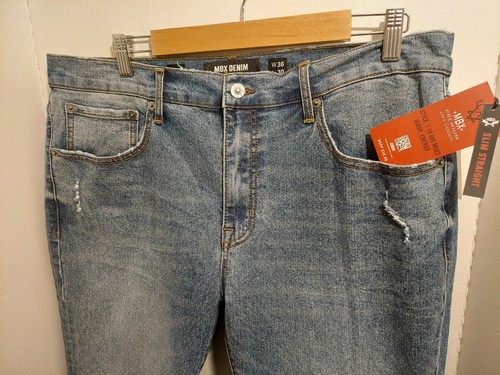 MBX Slim Straight Stretch Jeans 36x30 Blue Wear Distressed Whiskered Light Wash