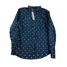 JCP Shirt Womens PL Blue Green Polka Dots Button Up Long Sleeves Top NWT