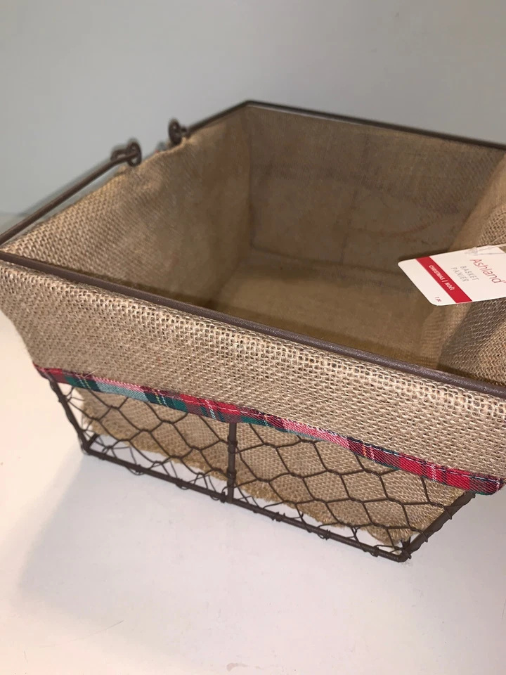ASHLAND Wire Rectangular Handle Basket Jute Lining Plaid Bow NWT Christmas Decor - Image 4 of 4