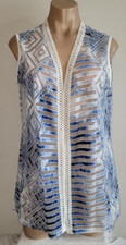 Chicos 1 Medium 8-10 Blue White Burnout Sheer Abstract Open Front Vest Cardigan