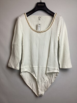 River Island Creme Perlen Gold Kettenbesatz Langarm gerippt Body Gr 16