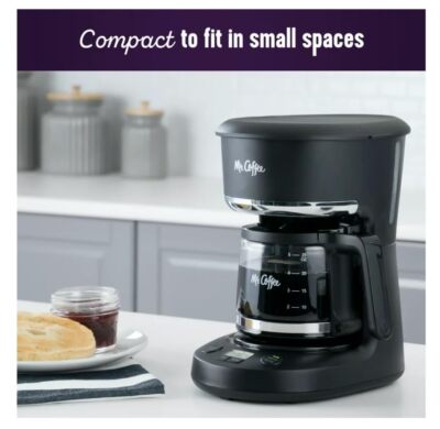 Mr. Coffee 5-Cup Programmable Coffee Maker, 25 oz. Mini Brew, Brew Now or Later, Arctic & Chrome