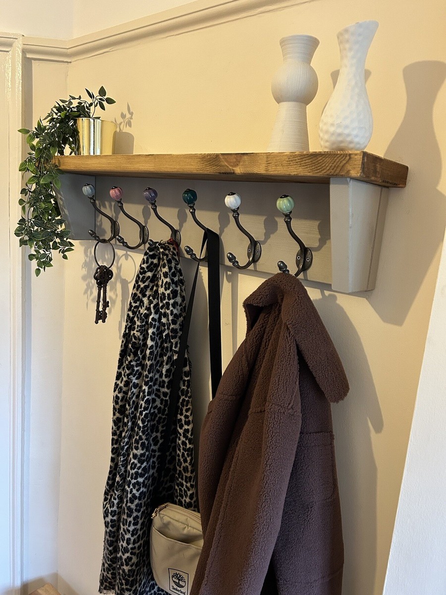 Stone and Medium Oak Coat Rack With Shelf Ceramic tip Iron Metal