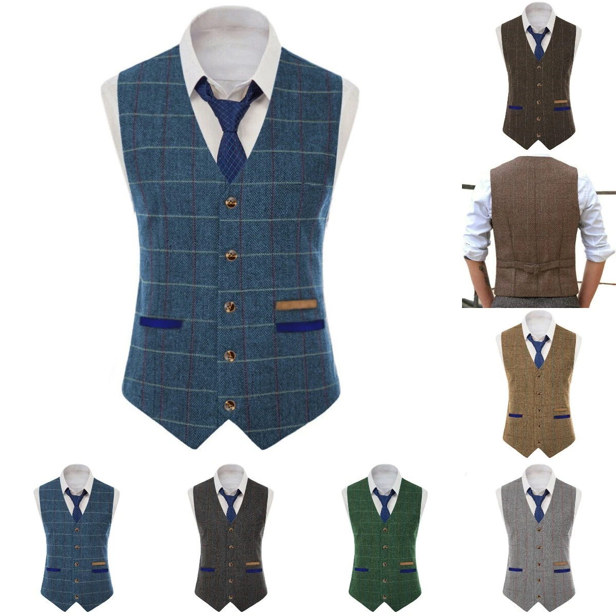 Men Blue Waistcoat Plaid Tweed Vest Vintage Herringbone Wool Retro Wedding S-3XL