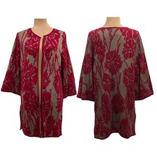 Chico's Travelers Exploded Jacket Open Cardigan Red Textured Floral Brown Size 1