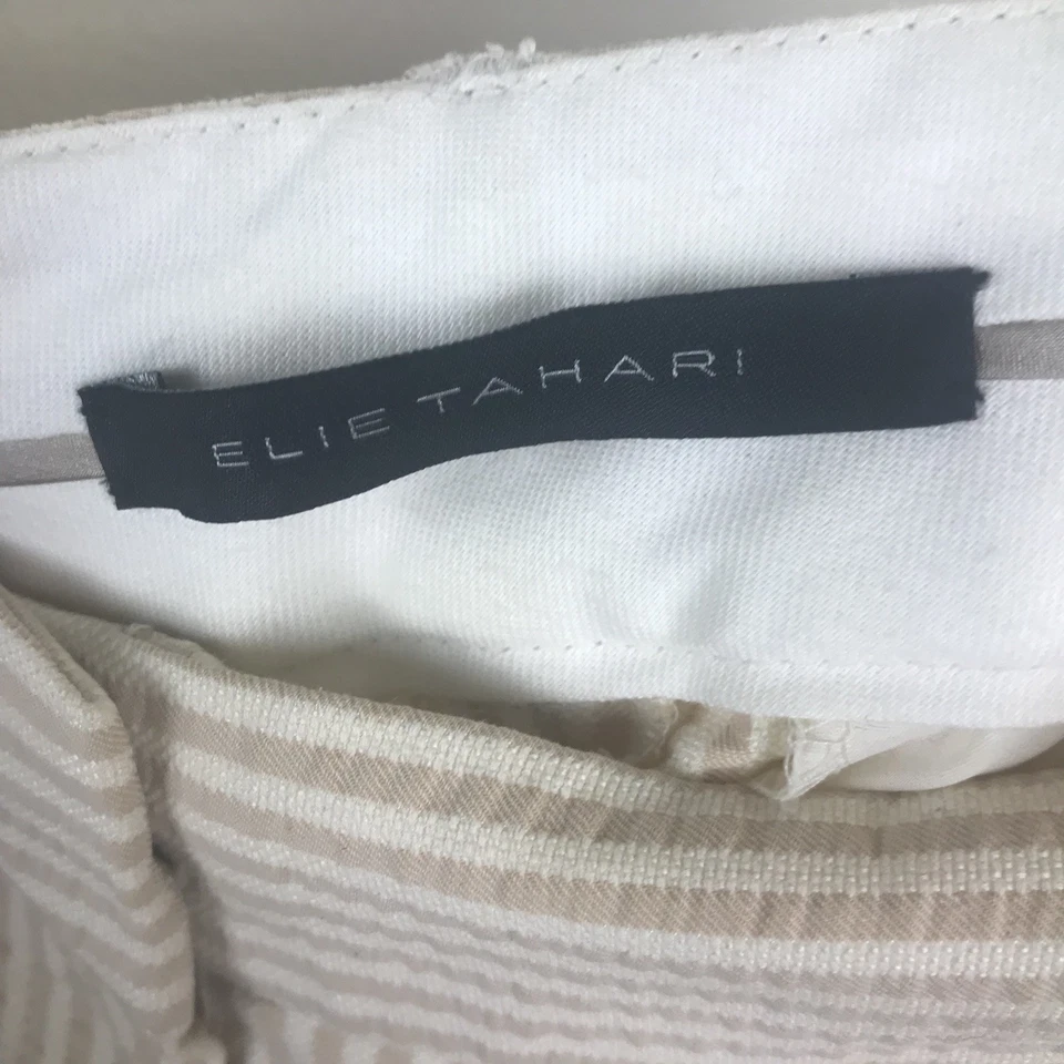 Pantalones de vestir para mujer Elie Tahari 4 algodón elástico marrón blanco a rayas acampanados Foto 4 de 4