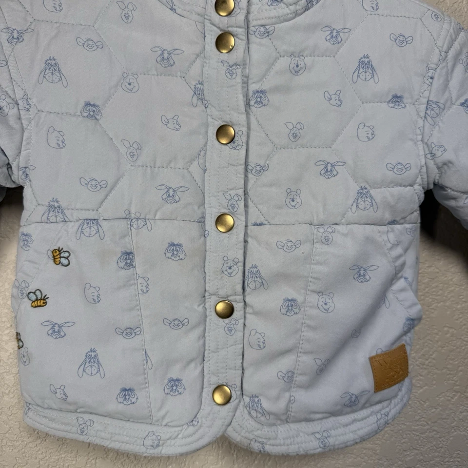 Winnie The Pooh Quilted Jacket Coat Toddler Graphic Image Snap Soft Blue 4T - Image 3 of 4