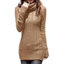 Khaki Turtleneck Bodycon Slim Fitted Cable Knit Long Sweater Size Small Neutral
