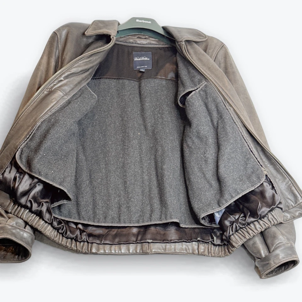 Chaqueta de Cuero Brooks Brothers Para Hombre L Bombardero Cremallera Completa Acolchada Abrigo Forrado de Lana Foto 3 de 4