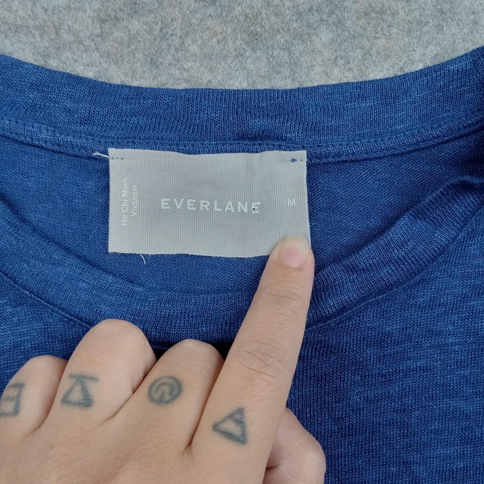 Camisa Everlane Mujer Mediana Azul Lino Cuello Redondo Manga Corta Camiseta Ligera Foto 2 de 4