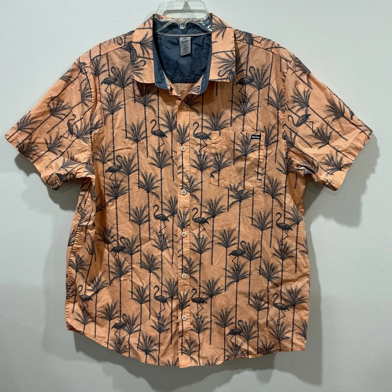 Hurley Shirt Mens XL Orange Peach Tropical Aloha Hawaiian Flamingo Button Up