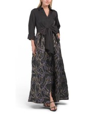 NWT 229 Adrianna Papell Navy/gold Collared Shirt Gown Jacquard Floral Skirt 2