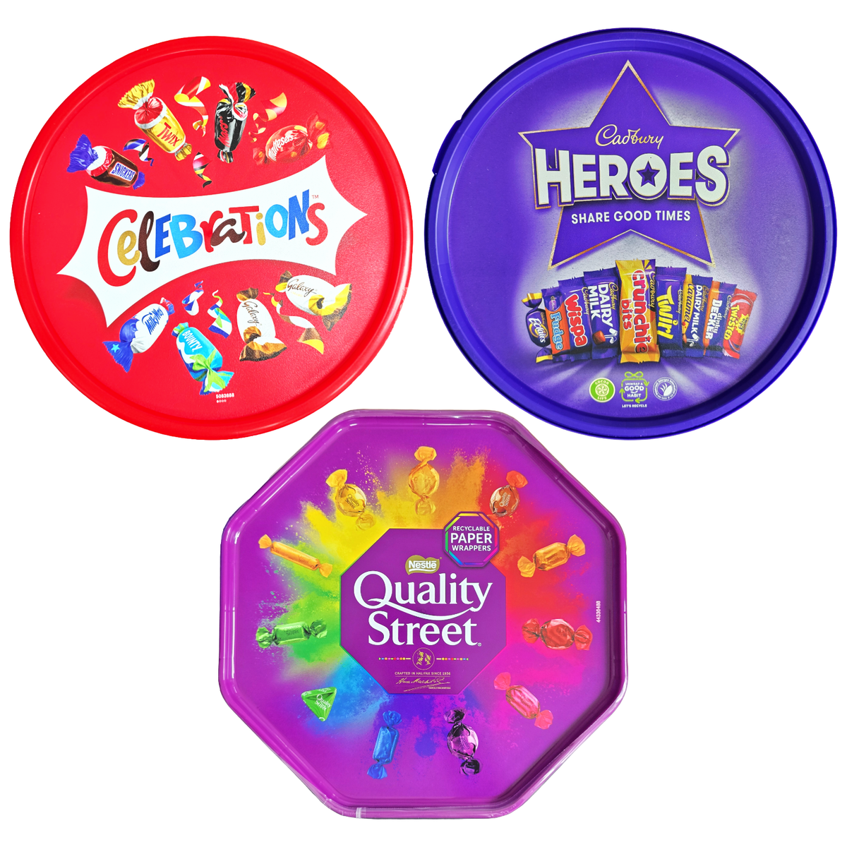Cadbury Chocolate Tubs Celebrations Heroes Roses Quality Street
