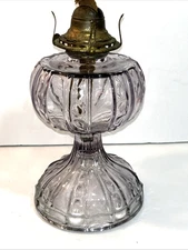 1911 Antique Violet Purple Pressed Glass Oil Lamp w/ Queen Anne Burner 9"