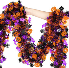 55FT Halloween Tinsel Garland, Pumpkin Bat Spider Halloween Decor Indoor