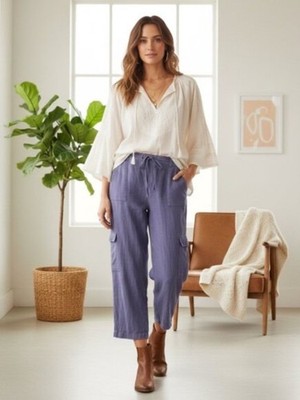 Sincerely Jules Linen Blend Cargo Pants Purple Lavender Large High Rise Wide Leg
