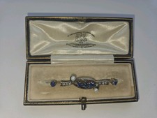 Antique 9ct Gold Victorian Old Cut Sapphire, Diamond &  Pearl Brooch 1880, Boxed