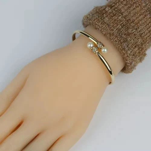 6CT Round Cut Lab Created Pearl Women's Bangle Bracelet 14K Yellow Gold Finish - Image 2 of 3