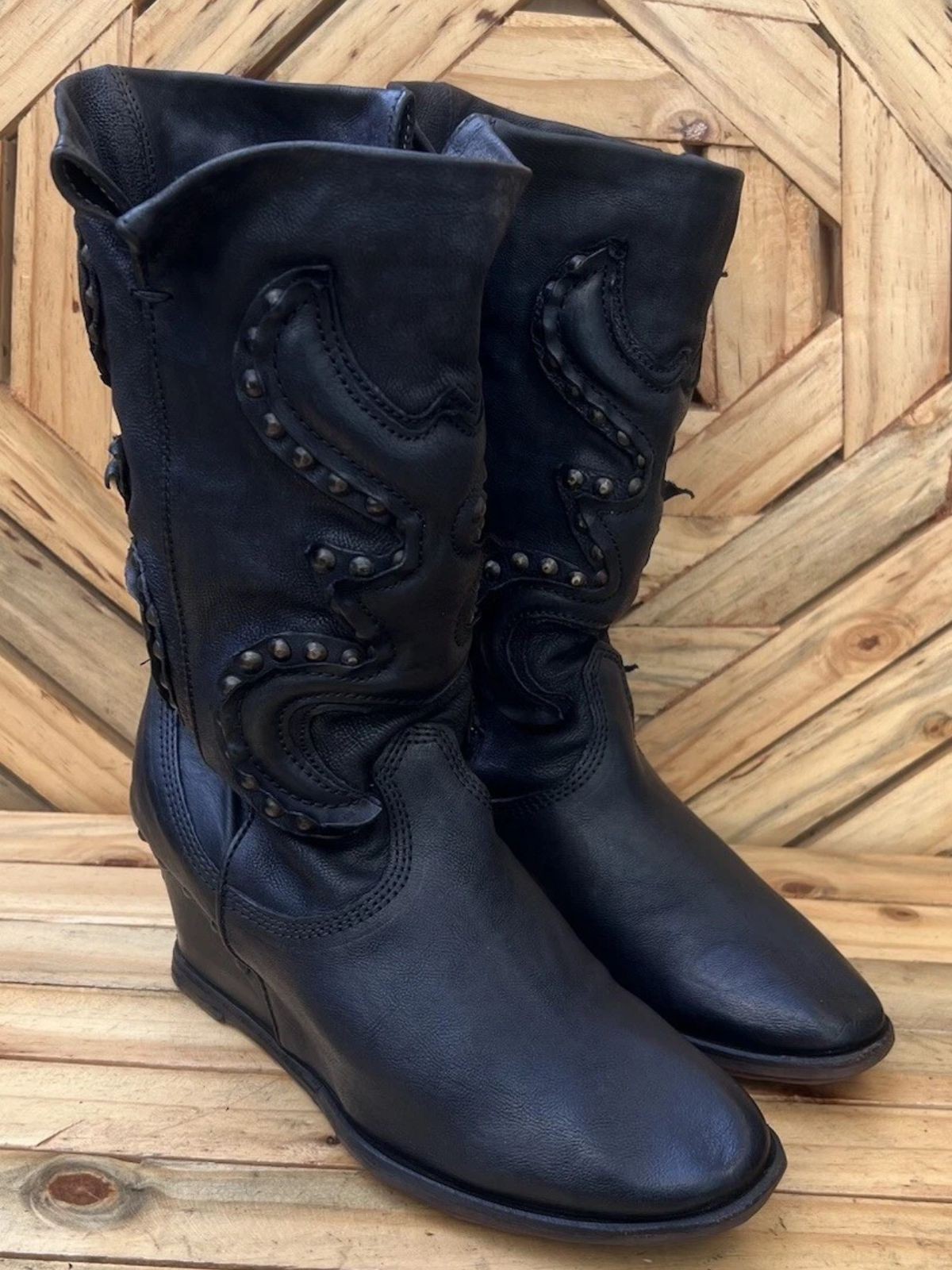 AS 98 Airstep italian Zipper Boho Black Biker Distressed Boots Sz EU 38/US 7.5-8