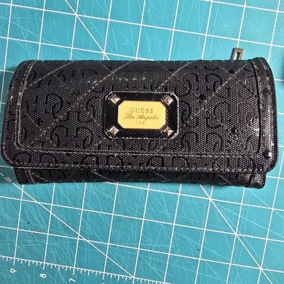 Guess Los Angeles 1981 Black Quilted Zip Wallet Clutch Monogram Long