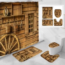 4 Pcs Rustic Wooden Farmhouse Shower Curtain Set with Non-Slip Rugs, Toilet Lid