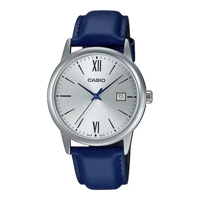 Casio Men s Silver Dial Analog Watch with Blue Leather Strap - MTP-V002L-2B3UDF