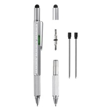 6 in 1 Metal Multitool Tech Tool Pen for Men with Ballpoint Pen Refills Silver