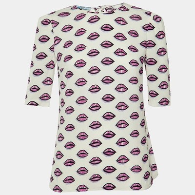 Prada White Lip Printed Crepe Top S