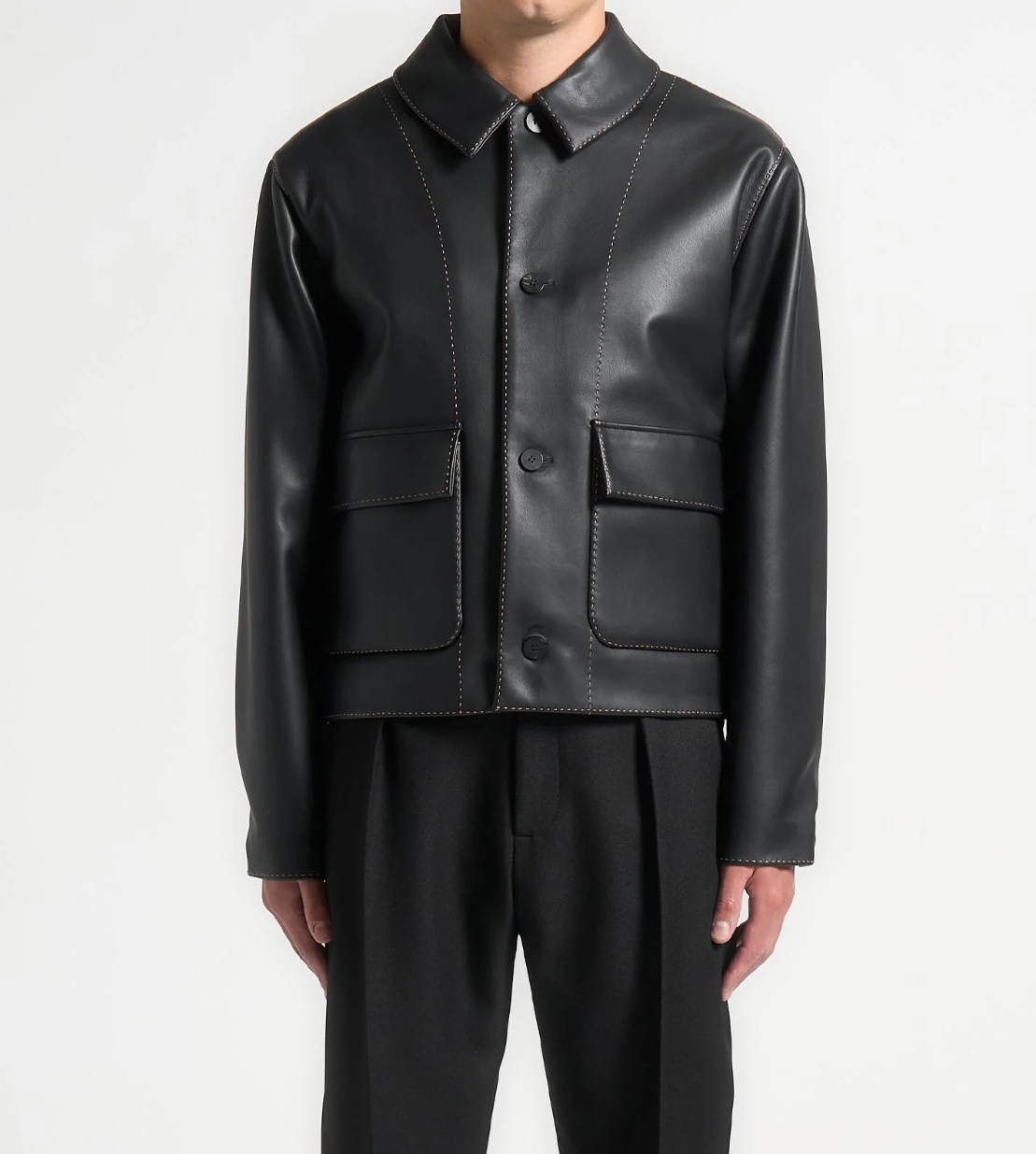 Men Black Lambskin Leather Shirt Jacket Harrington Style Utility Pocket Design