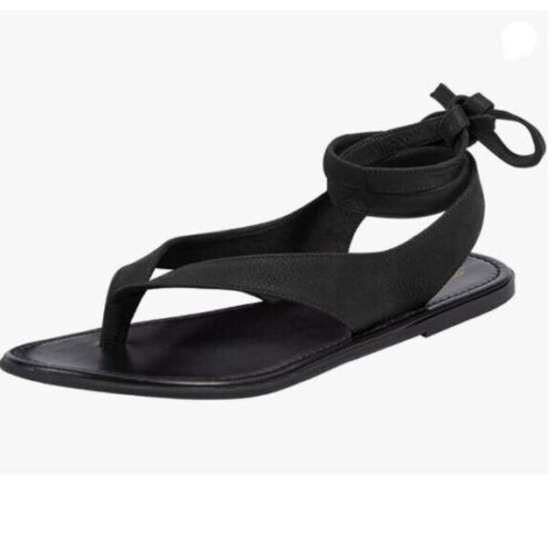 FOWT Women Split Round Toe Sandals Lace up Strappy Flats Flip Flop Shoes Black