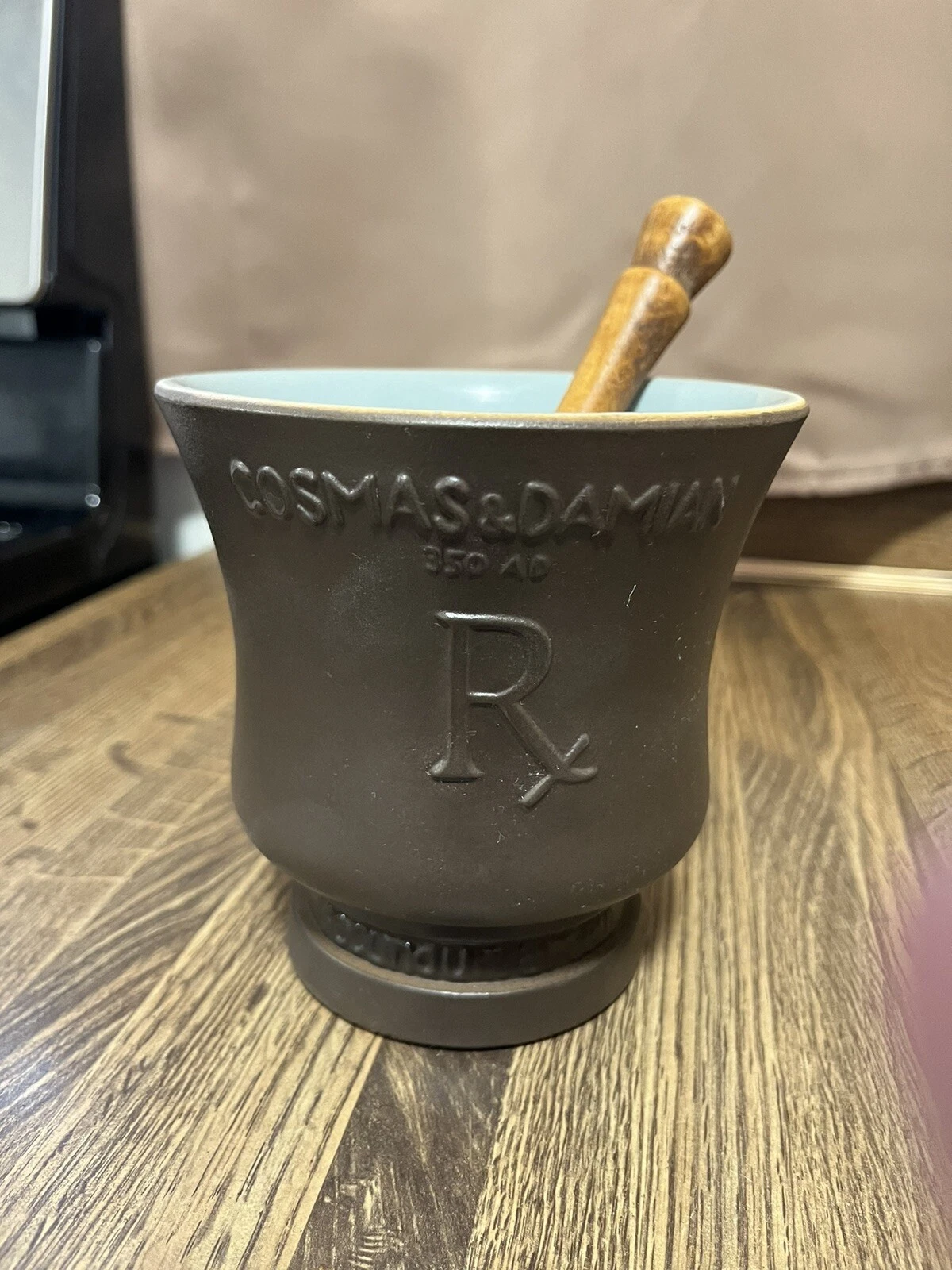 Schering COSMAS & DAMIAN Apothecary Pharmacy Mortar & Wood Pestle Porcelain RX