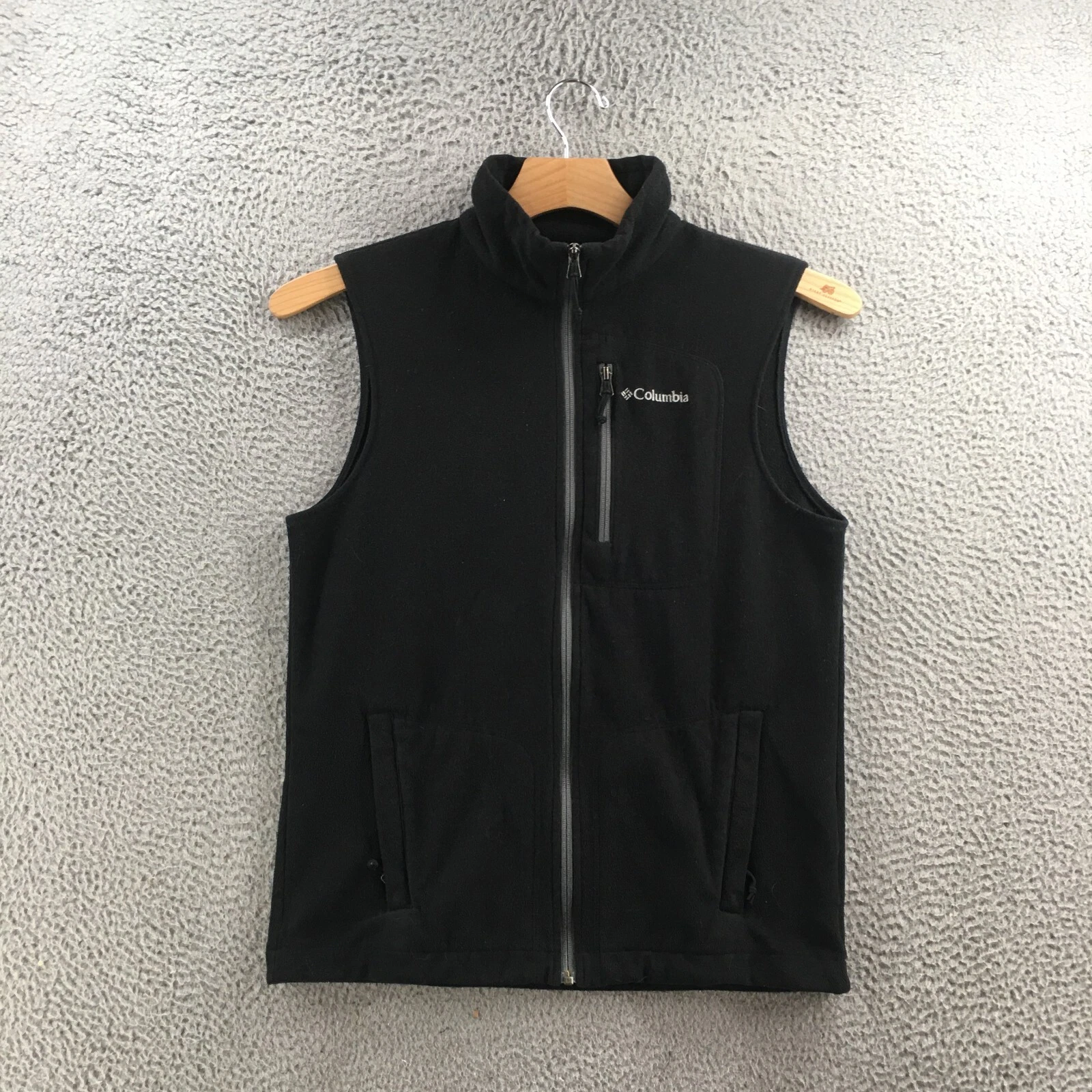 Columbia Fast Trek Fleece Vest Mens S Black Sleeveless Zip Pocket Mock Neck