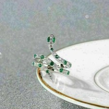 Unique 3Ct Created Green Emerald Diamond Snake Ring 14K White Gold Plated