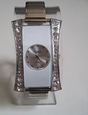 Women's rhinestone stretch band silver & white finish fashion casual watch