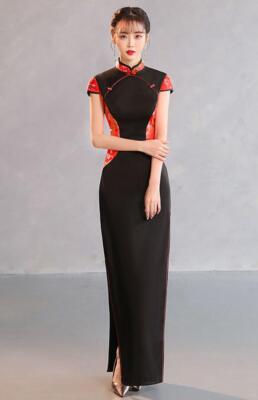 Elegant Mandarin Collar PANKOU Printed split Cheongsam Retro Chinese Style Gown