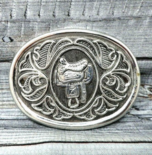 Western Saddle  Scroll Dress Belt Buckle Sportsman Cowboy Cowgirl Vtg 80s .B04