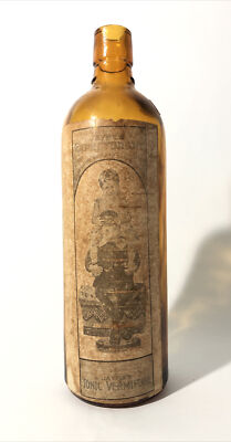 Vintage Amber Glass 10.5  Medicine Bottle- Jayne s Expectorant-Full Label. Tonic
