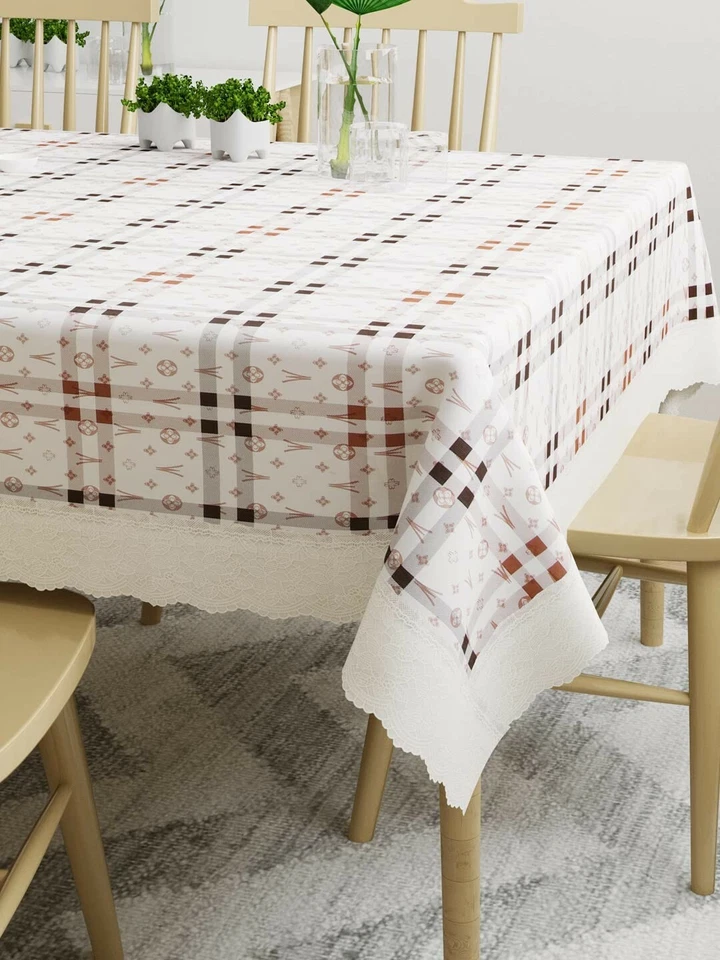 White & Brown Checked 6 Seater Dining Table Cover 60X 90 inch US - Image 2 of 4