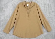 Chicos Blouse 2 US Large Lace Up Pockets Bohemian Minimalist Casual Tan Modal