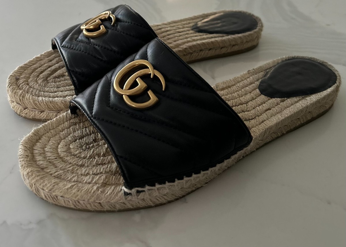 🖤 GUCCI Black Nappa Matelasse Gold GG Marmont Espadrille